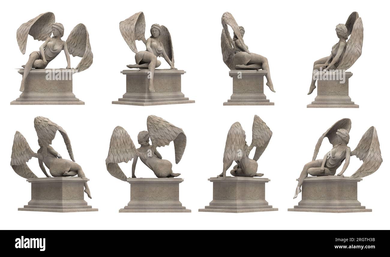 Isolated 3d render illustration of antique ancient stone female angel statue sitting on pedestal, various angles. Stock Photo