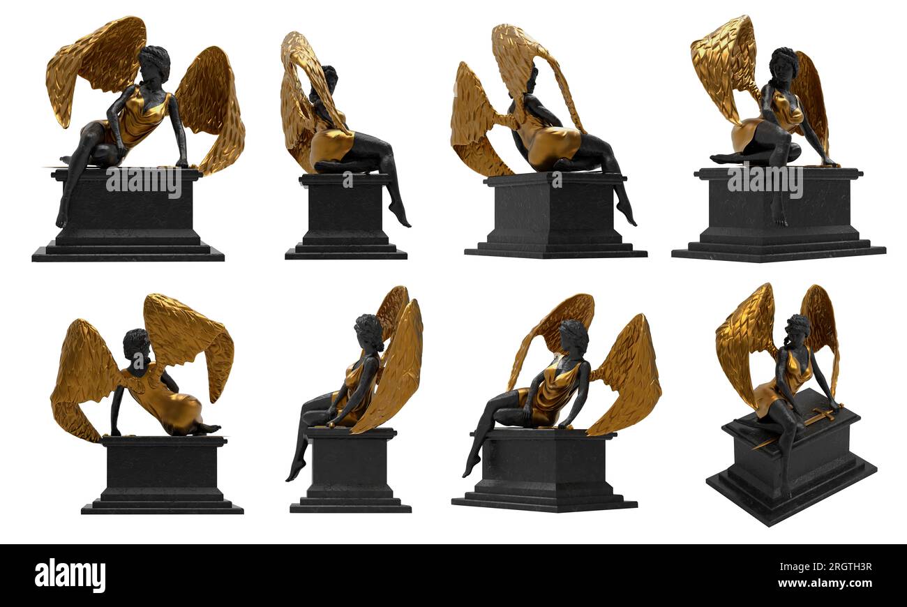 Isolated 3d render illustration of black marble and golden female angel statue sitting on pedestal, various angles. Stock Photo