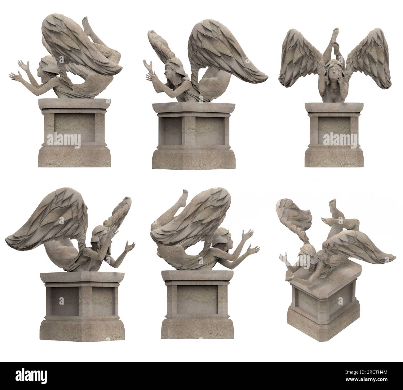 Isolated 3d render illustration of antique ancient stone female angel warrior statue on pedestal falling pose, various angles. Stock Photo