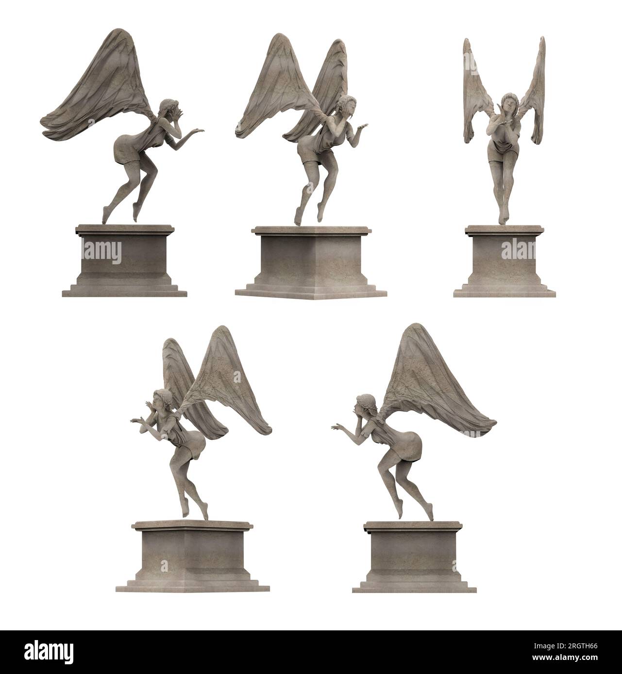 Isolated 3d render illustration of flying female stone angel statue on pedestal., various angles. Stock Photo