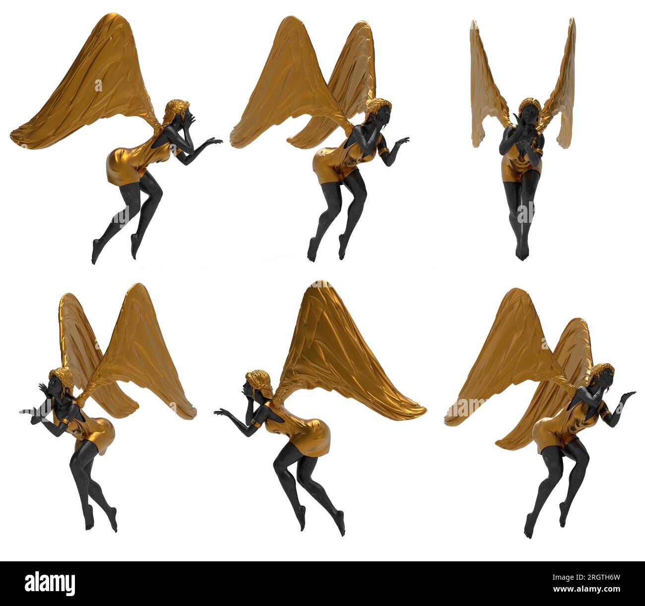 Isolated 3d render illustration of black marble and golden female guardian angel statue flying pose, various angles. Stock Photo