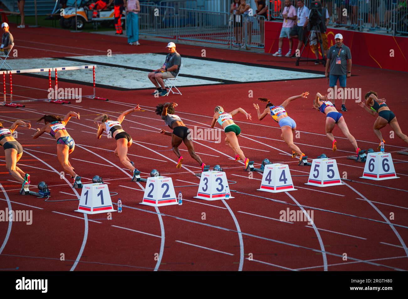 B. BYSTRICA, SLOVAKIA, JULY 20, 2023 Female Sprinters Kick Off 100m