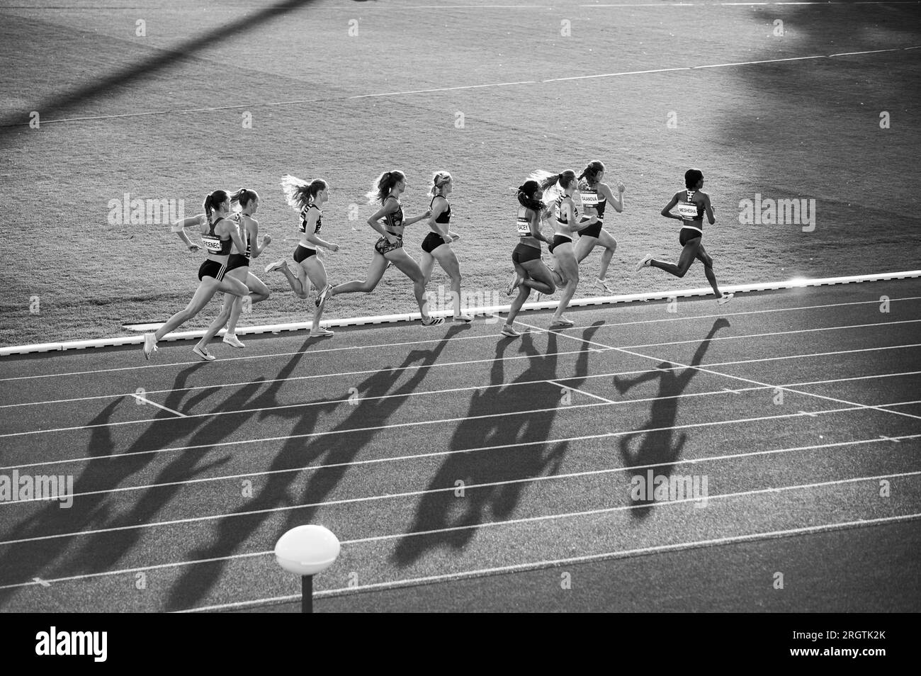 B. BYSTRICA, SLOVAKIA, JULY 20, 2023: Black and White Women's 800m Race Showcases Athletes in Action with Sunset Illumination at Track and Field Meet Stock Photo