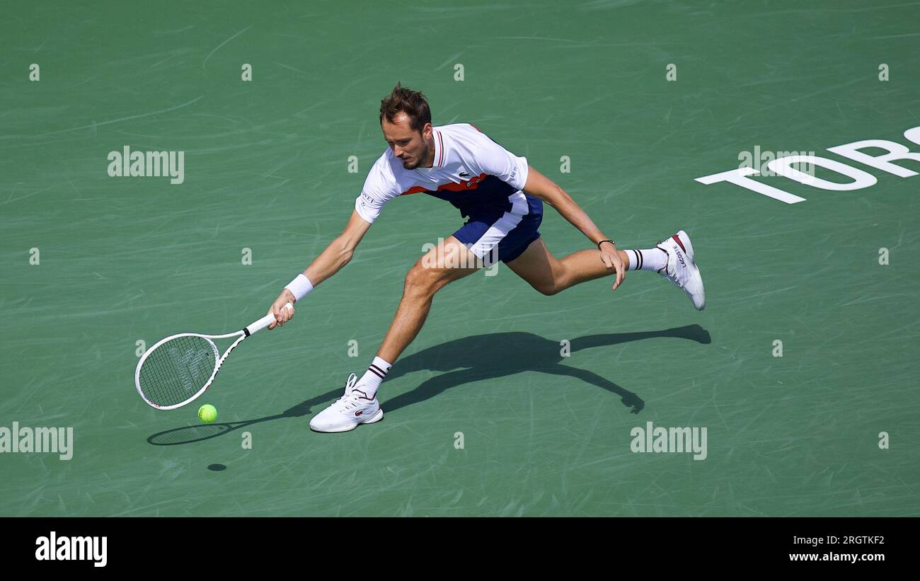 Daniil Medvedev of Russia reaches for the ball during his mens quarter final match against Alex de Minaur of Australia on day seven of the 2023 National Bank Open at Sobeys Arena