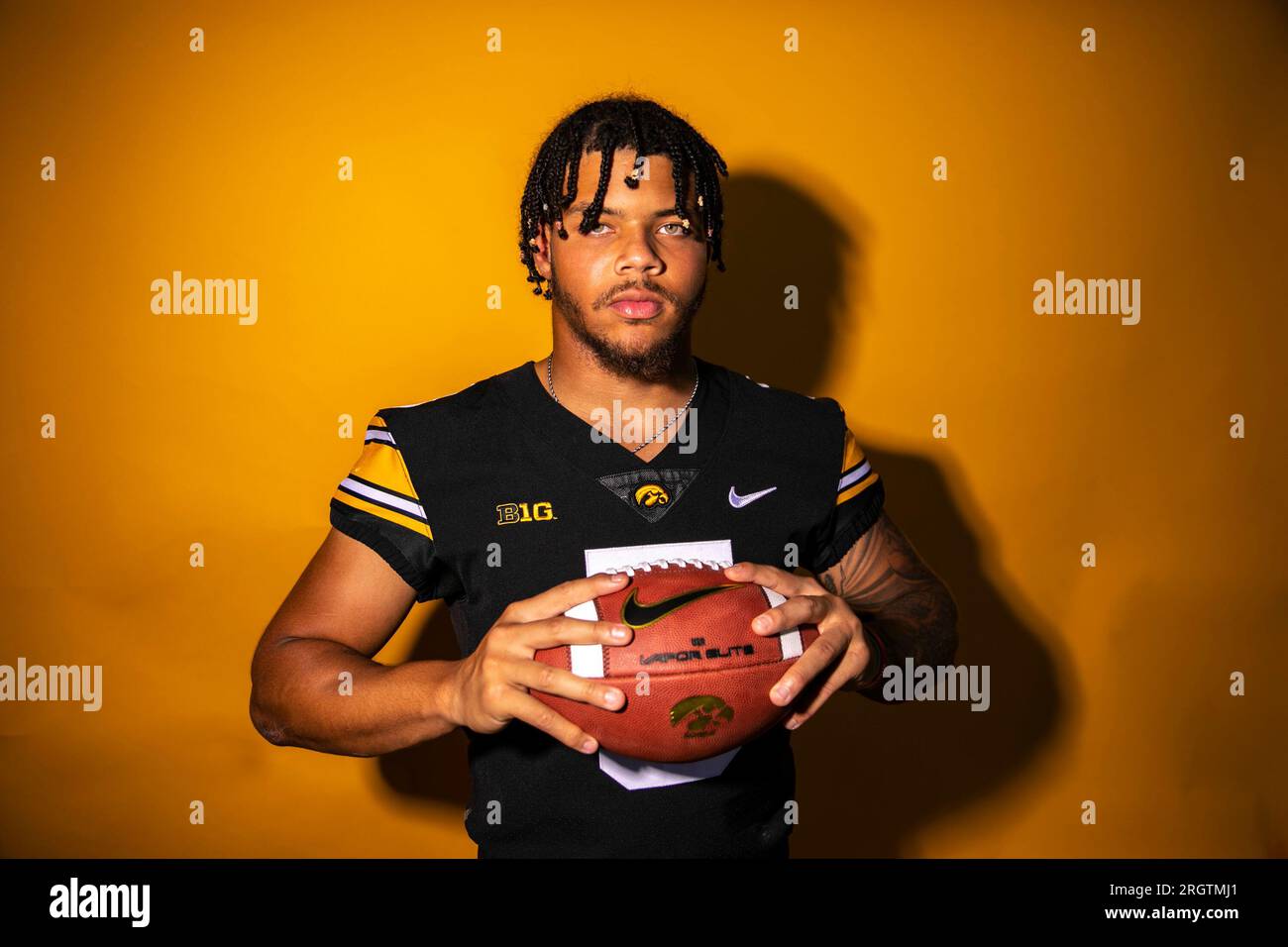 Iowa wide receiver Kaleb Brown poses for a portrait during the school's  NCAA college football media day Friday, Aug. 11, 2023, in Iowa City, Iowa.  (Geoff Stellfox/The Gazette via AP Stock Photo 