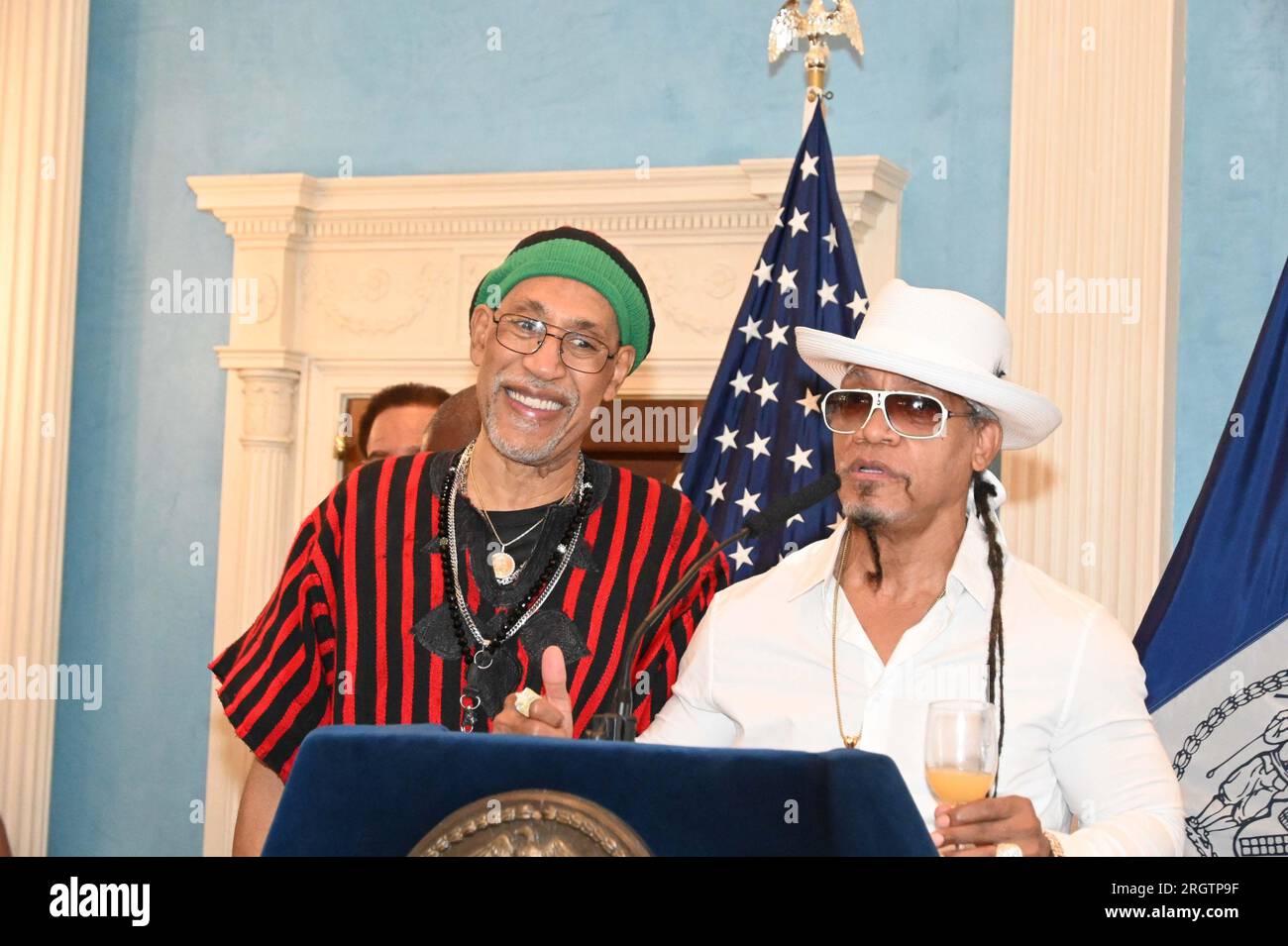 August 11, 2023, %G: (NEW) 50 years of HIP HOP Music. August11, 2023, New York City, New York, USA. Mayor Eric Adams commemorates 50 Years of HIP HOP in Gracie Mansion. Hip hop or hip-hop, also known as rap and formerly known as disco rap, is a genre of popular music that was originated in the Bronx borough of New York City.&#xA;Photo of DJ Kool Herc and Grandmaster Melle Mel.&#xA;Credit: Victor M. Matos/Thenews2 (Foto: Victor M. Matos/Thenews2/Zumapress) (Credit Image: © Victor M. Matos/TheNEWS2 via ZUMA Press Wire) EDITORIAL USAGE ONLY! Not for Commercial USAGE! Credit: ZUMA Press, Inc./Alam Stock Photo