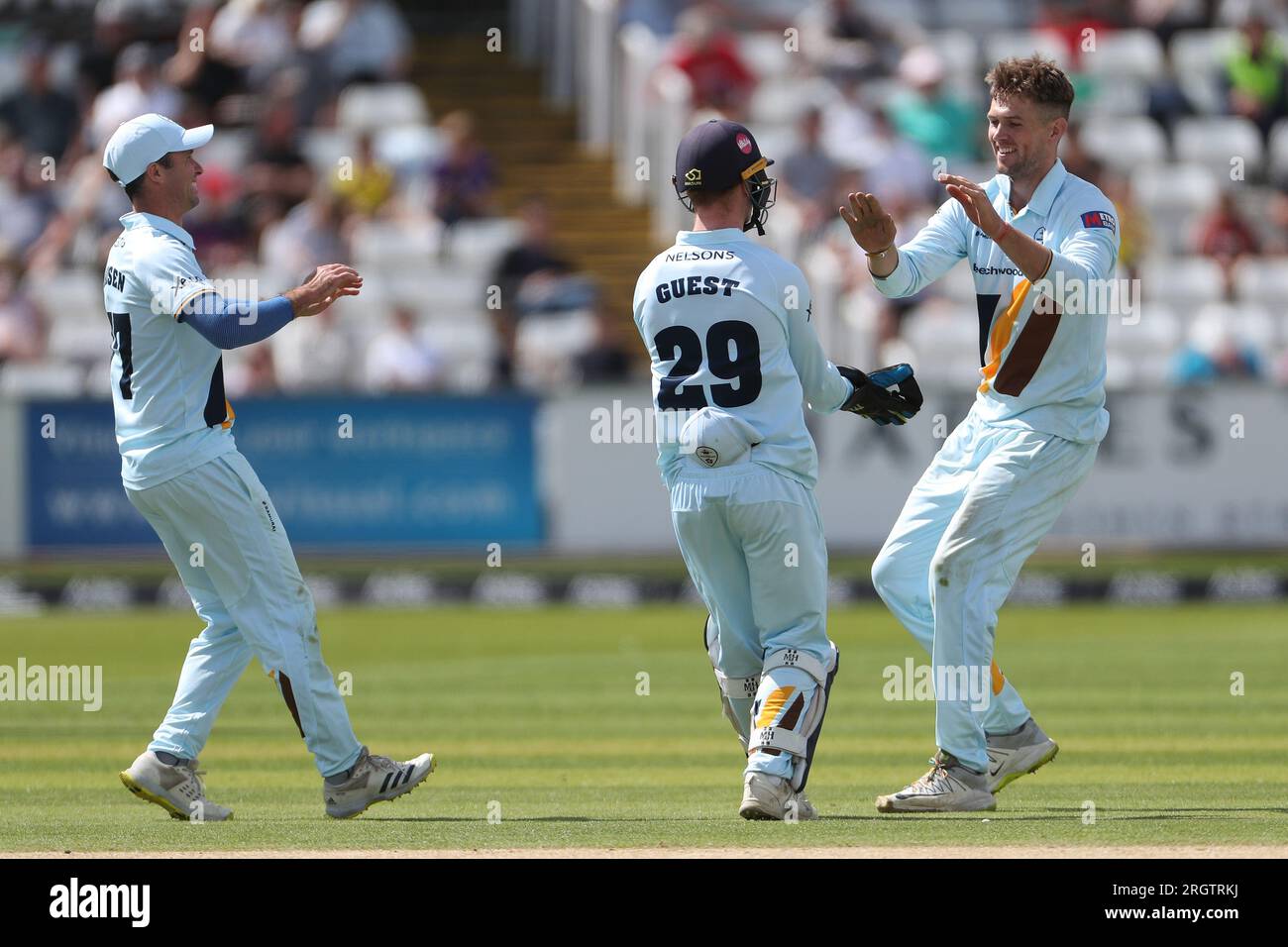 Alex Thomson of Derbyshire celebrates after getting the wicket of Scott Borthwick during the Metro Bank One Day Cup match between Durham County and Derbyshire at the Seat Unique Riverside, Chester le Street on Friday 11th August 2023. (Photo: Mark Fletcher | MI News) Credit: MI News & Sport /Alamy Live News Stock Photo