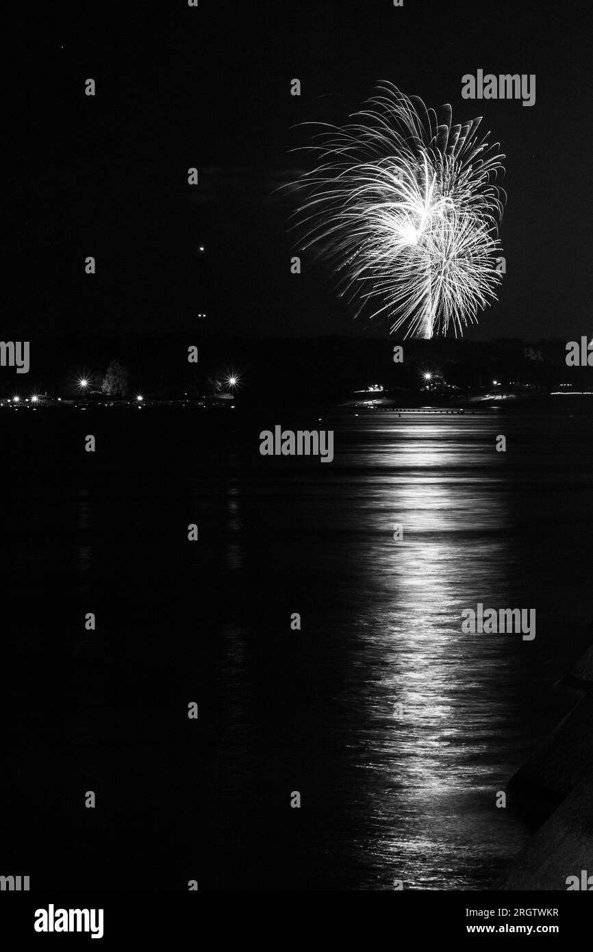 Fireworks over Grand Lake in Disney, Oklahoma on July 3, 2018 Stock