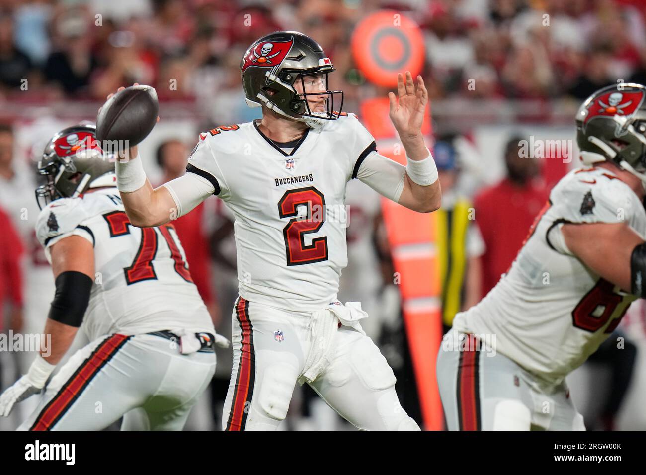 Tampa Bay Buccaneers quarterback Kyle Trask throws a pass against