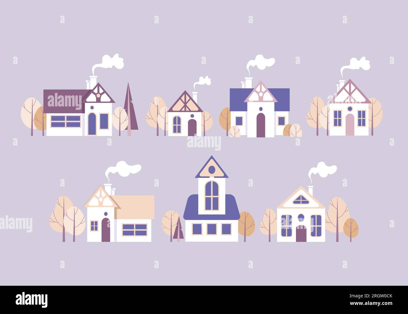 Set cartoon houses, autumn trees. Vector illustration delicate pastel colors. Illustration, isolated objects on a purple background. Design elements f Stock Vector