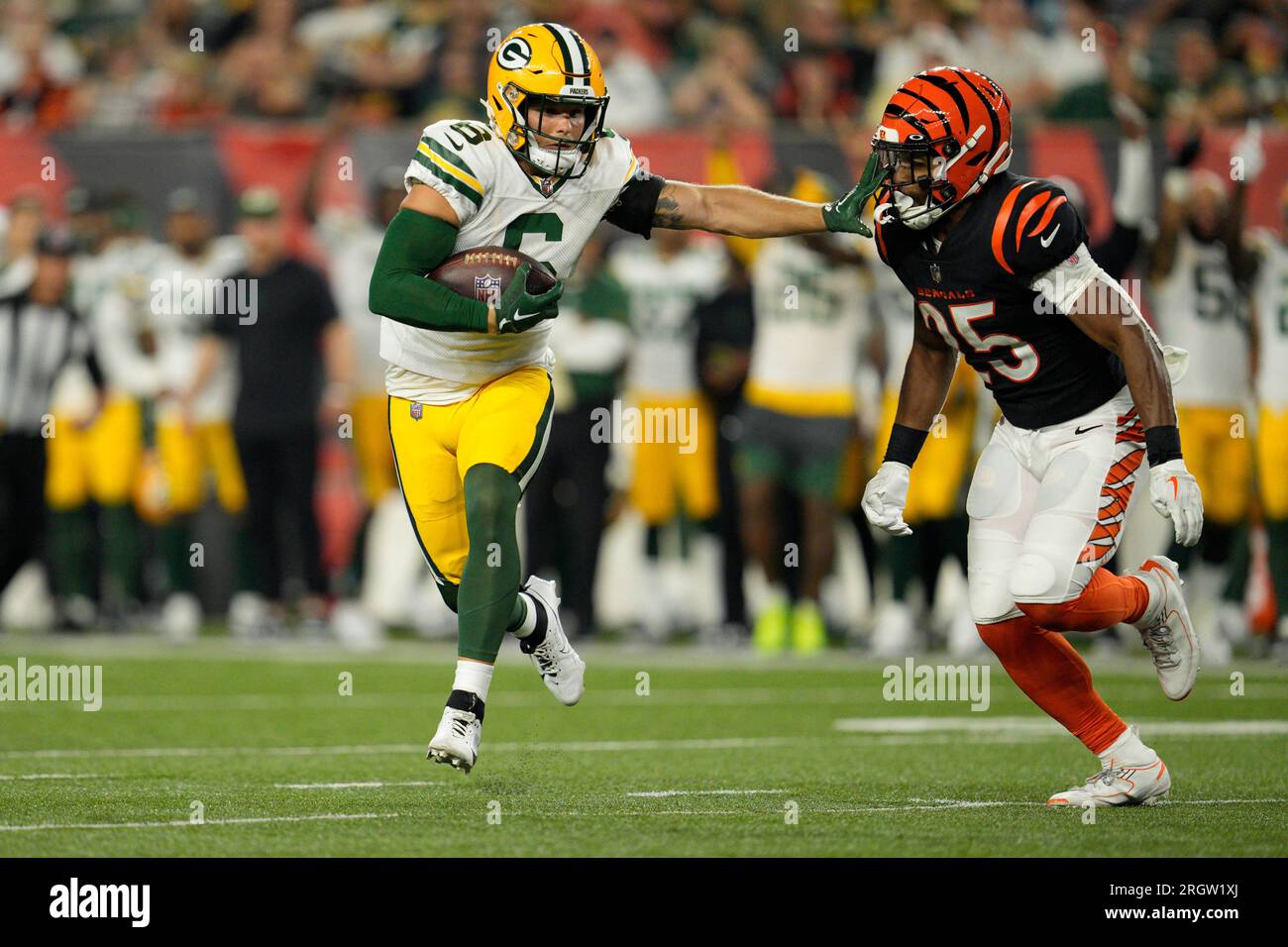 Green Bay Packers safety Dallin Leavitt (6) celebrates during a preseason  NFL football game against the Cincinnati Bengals on Friday, Aug. 11, 2023,  in Cincinnati. (AP Photo/Emilee Chinn Stock Photo - Alamy