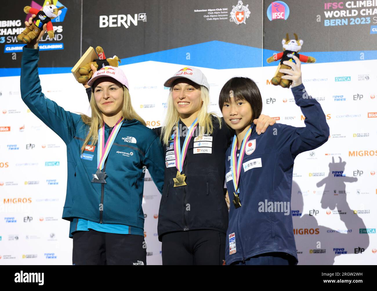 Jessica PILZ of Austria, silver, Janja GARNBRET of Slovenia, gold, and Ai  MORI of Japan, bronze, celebrate on the podium of women's Boulder & Lead of  the Climbing World Championships in Bern,