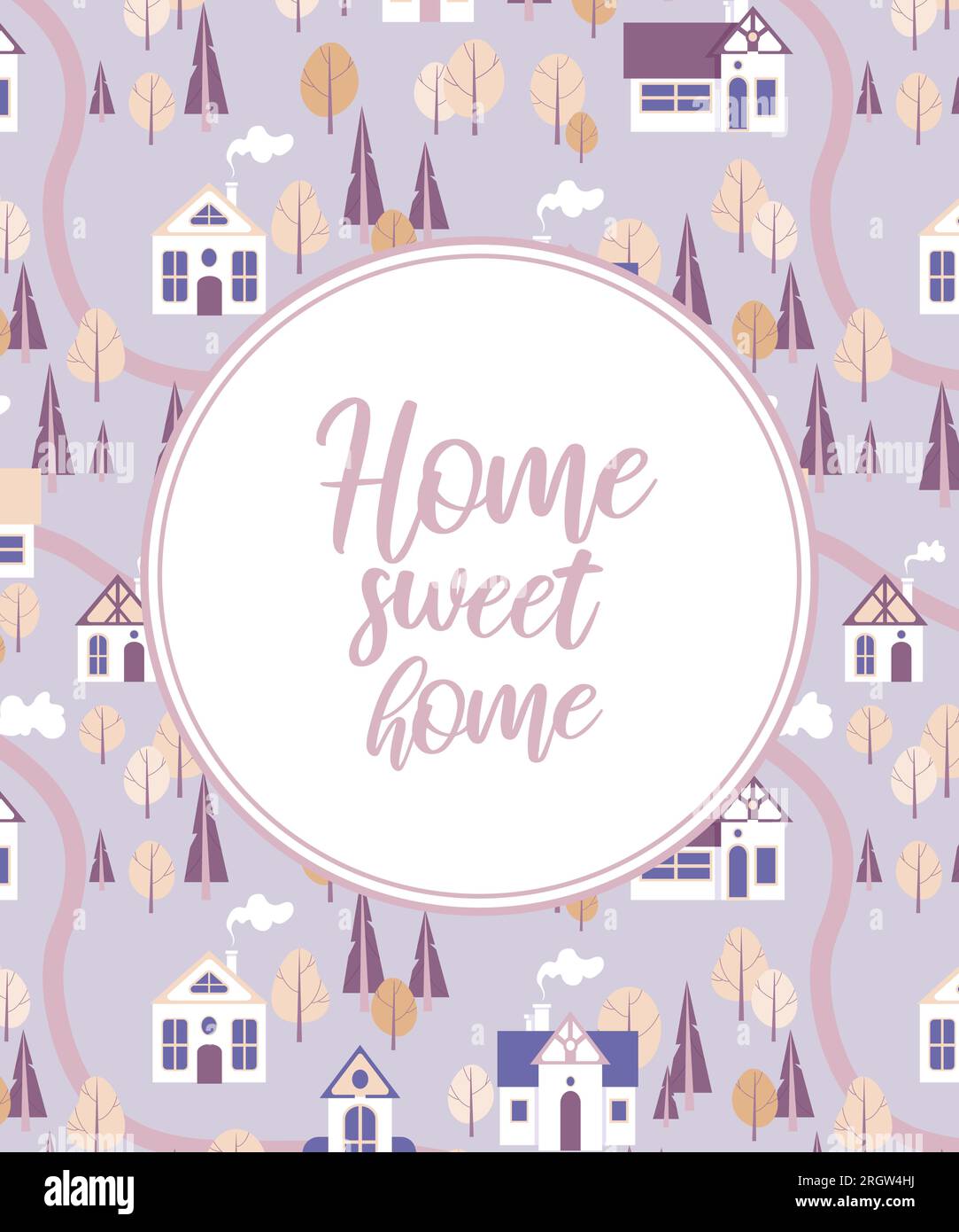 Vector illustration city landscape cute houses autumn trees in delicate