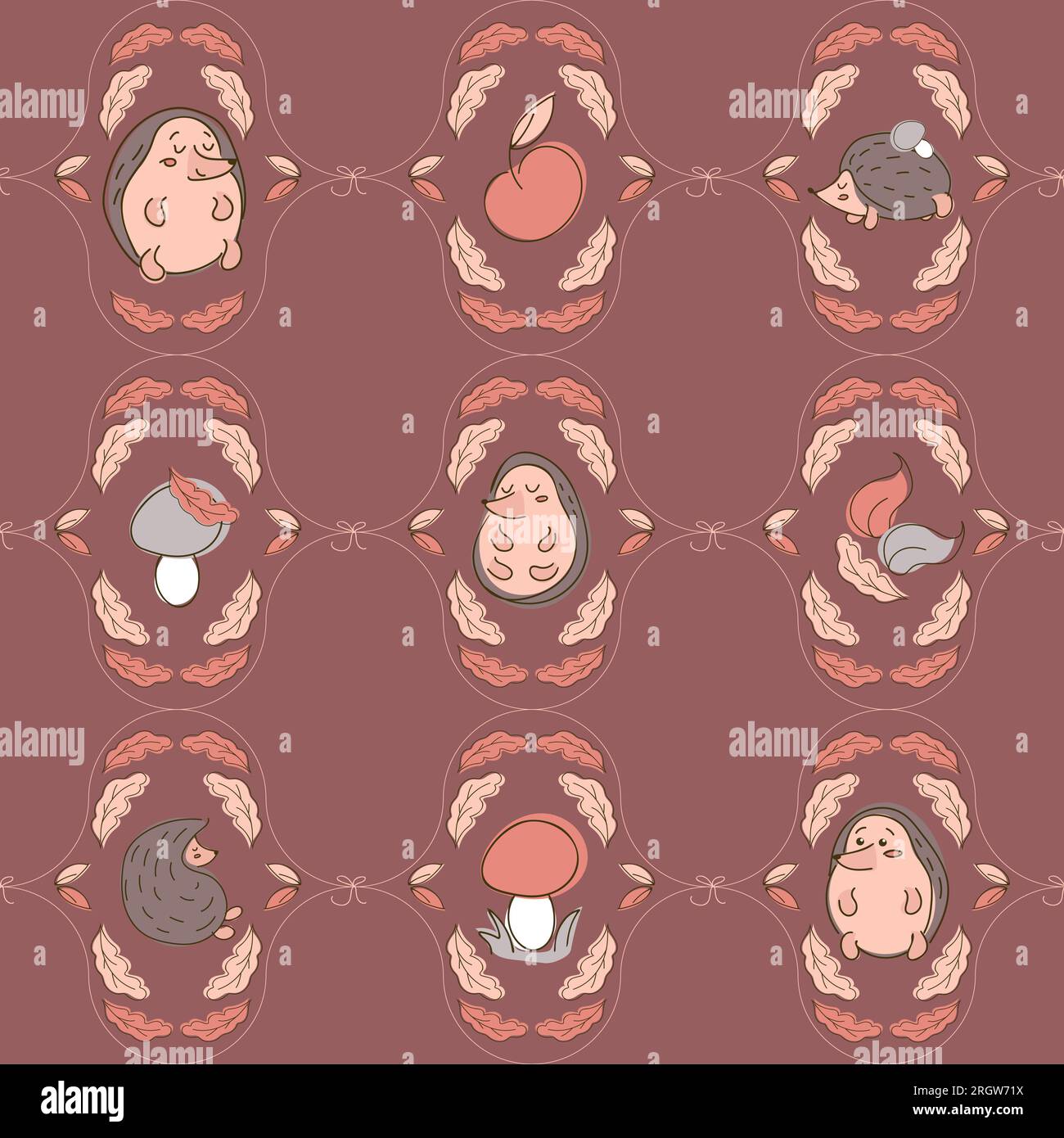 Cute seamless autumn pattern with hedgehogs, leaves, apple and mushrooms on dark background. In trendy earthy shades. For nursery, wallpaper, printing Stock Vector