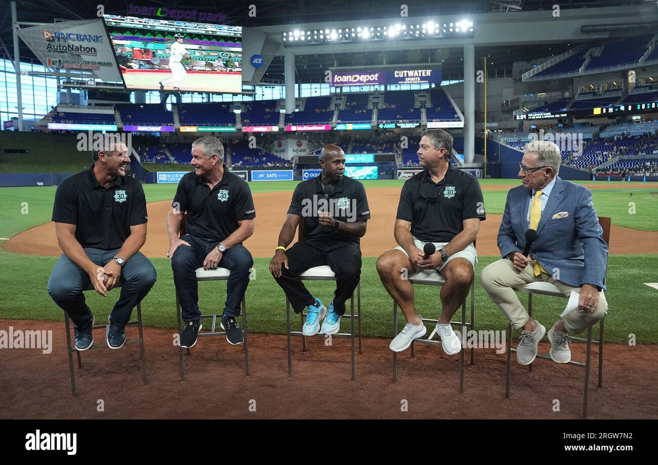 From left to right, former Florida Marlins players Carl Pavano, Jeff  Conine, Juan Pierre, Josh Beckett and announcer Tommy Hutton commemorate  the 20th anniversary of the Marlins 2003 World Series championship before