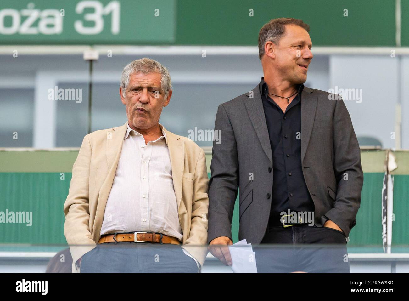 Warsaw, Poland. 10th Aug, 2023. Fernando Santos (L) coach of Poland football national team and Grzegorz Mielcarski (R) are seen during the UEFA Europa Conference League third qualifying round match between Legia Warszawa and FK Austria Vienna at Marshal Jozef Pilsudski Legia Warsaw Municipal Stadium. Final score; Legia Warszawa 1:2 FK Austria Vienna. Credit: SOPA Images Limited/Alamy Live News Stock Photo