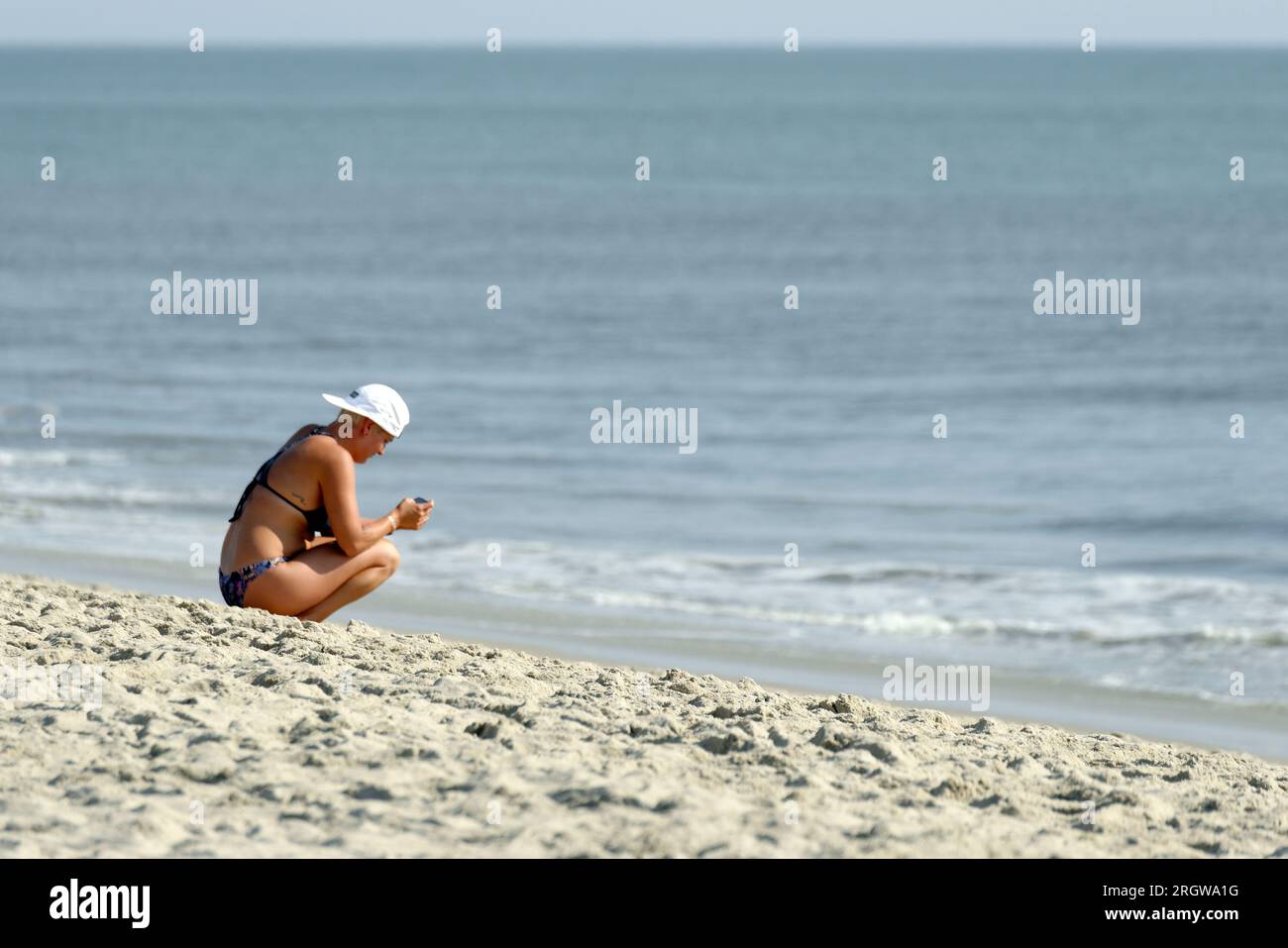 Woman  reviews surf data at the Zap Pro/Am Championships of Skimboarding, August 11, 2023, Dewey Beach, Delaware USA. Stock Photo