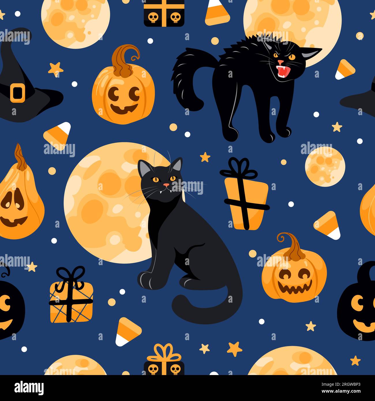 Halloween seamless pattern Black cat, moon, witch hat, jack lantern ...