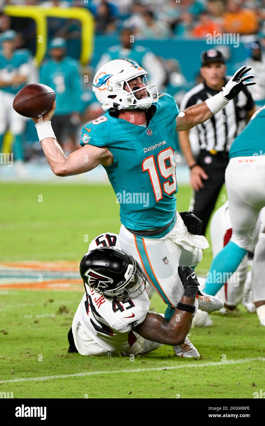 Atlanta Falcons linebacker Mike Jones Jr. (45) sacks Pittsburgh Steelers  quarterback Mitch Trubisky (10) during the first half of an NFL preseason  football game, Thursday, Aug. 24, 2023, in Atlanta. The Pittsburgh