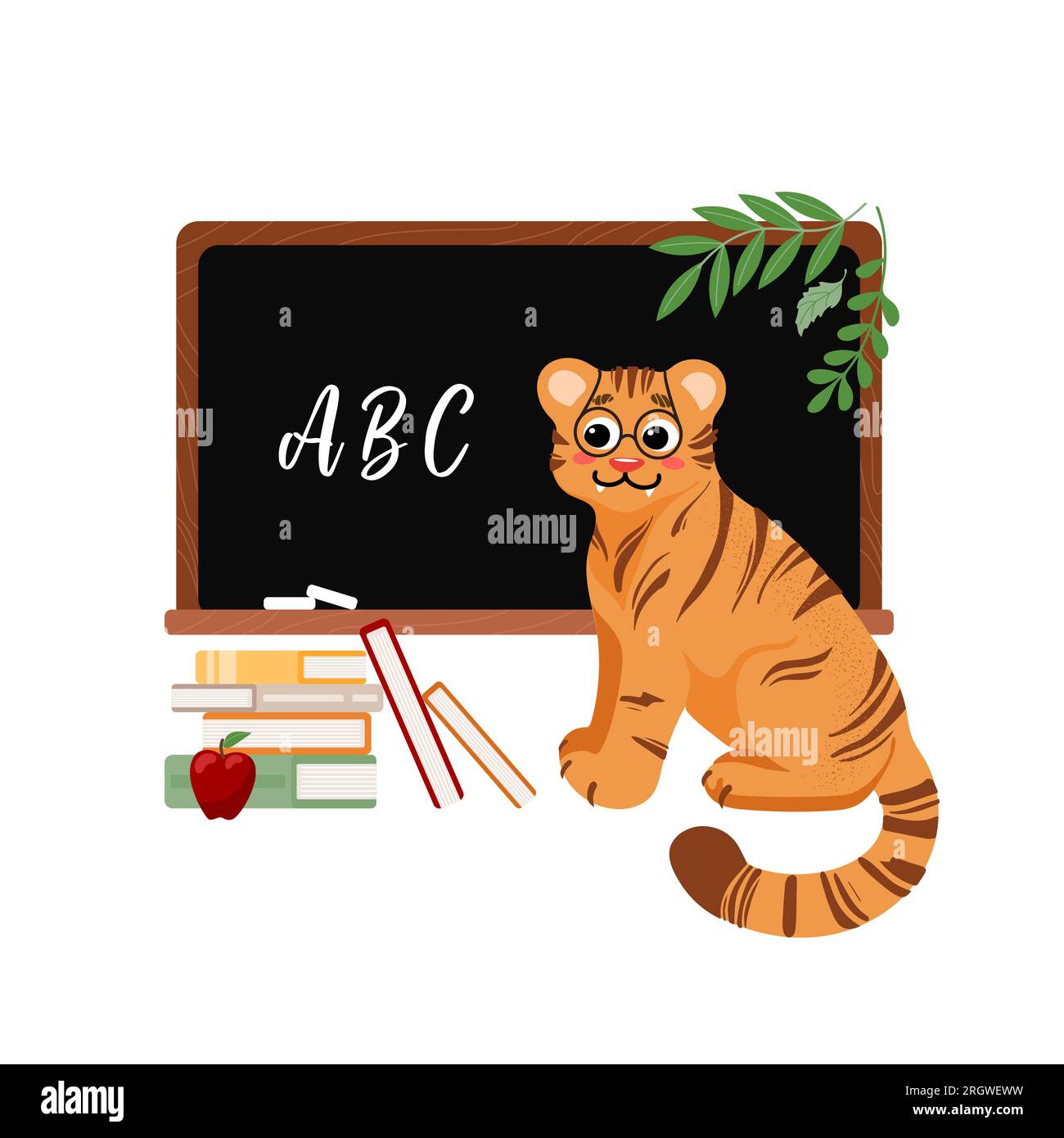 Cute illustration, tiger with glasses, studying at school. Science, schoolboy, student, blackboard, textbooks, apple. Symbol of Chinese New Year 2022. Stock Vector