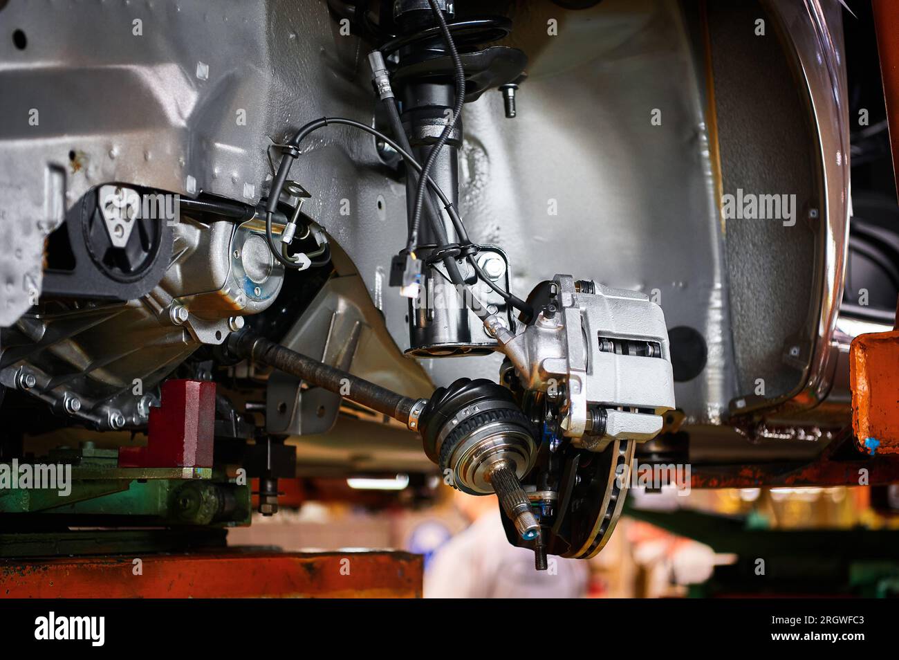 Assembled car suspension with brake mechanism in Stock Photo