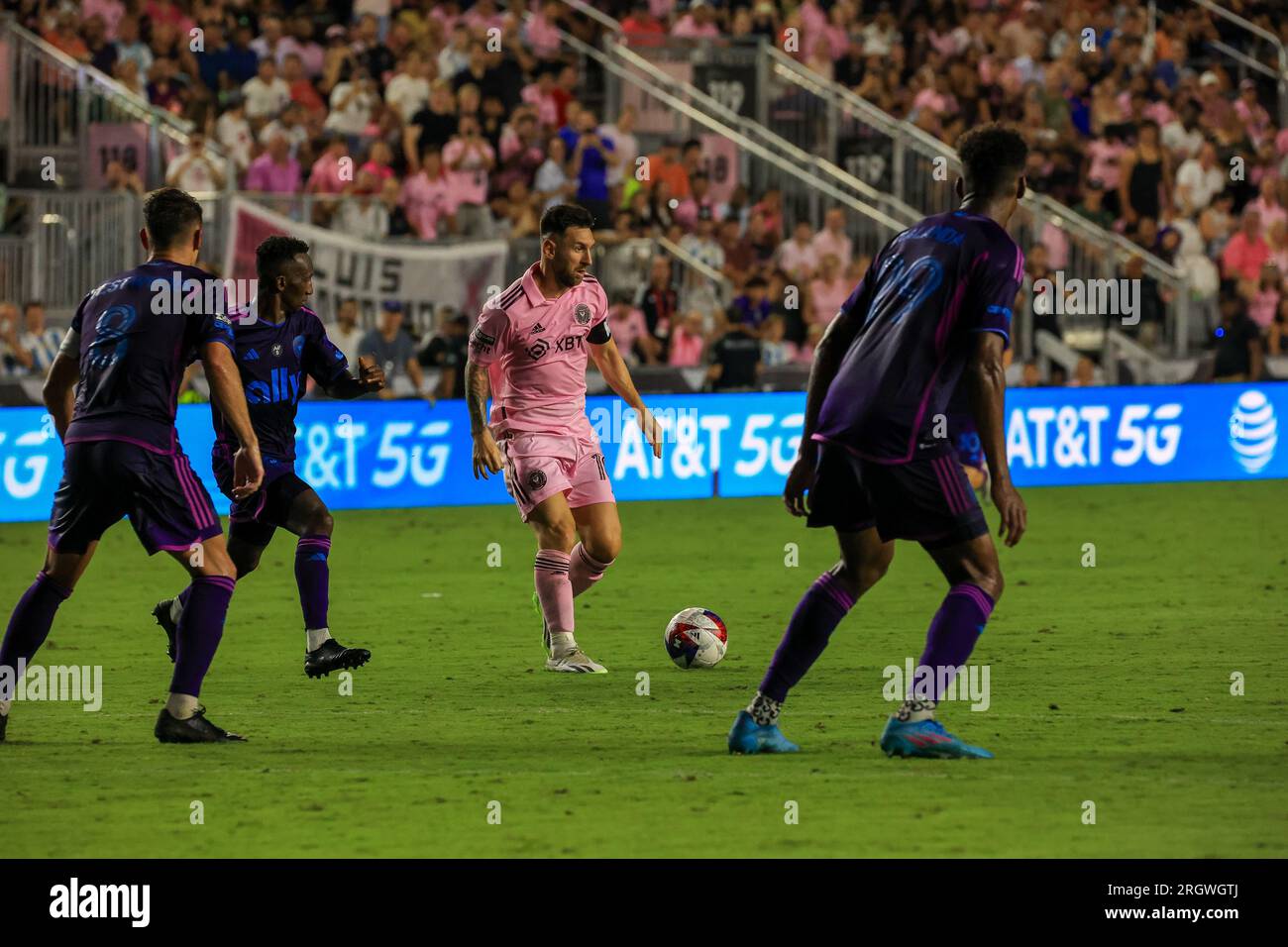 Lionel Messi attacking - Inter Miami CF v Charlotte FC,Leagues Cup 8-11-2023, Fort Lauderdale, Florida, Photo: Chris Arjoon Stock Photo