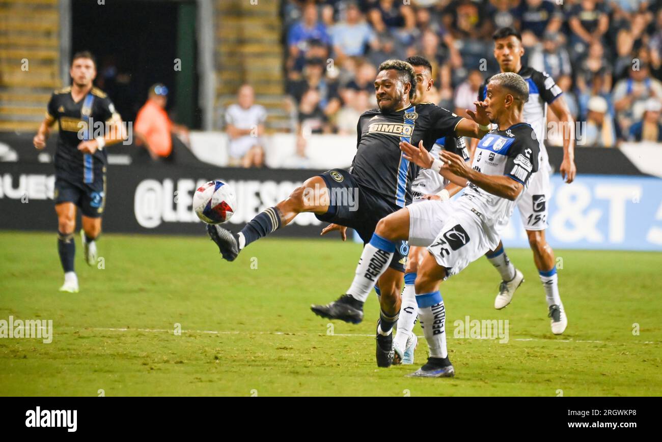 Chester, Pennsylvania, USA. 11th Aug, 2023. August 11, 2023, Chester PA, USA: Querétaro F.C player, PABLO BARRERA (7) fights for the ball against Philadelphia Union player, JOSE MARTINEZ (8) during the quarter final match of the League Cup at Subaru Park Credit Image: © Ricky Fitchett via ZUMA Wire (Credit Image: © Ricky Fitchett/ZUMA Press Wire) EDITORIAL USAGE ONLY! Not for Commercial USAGE! Stock Photo