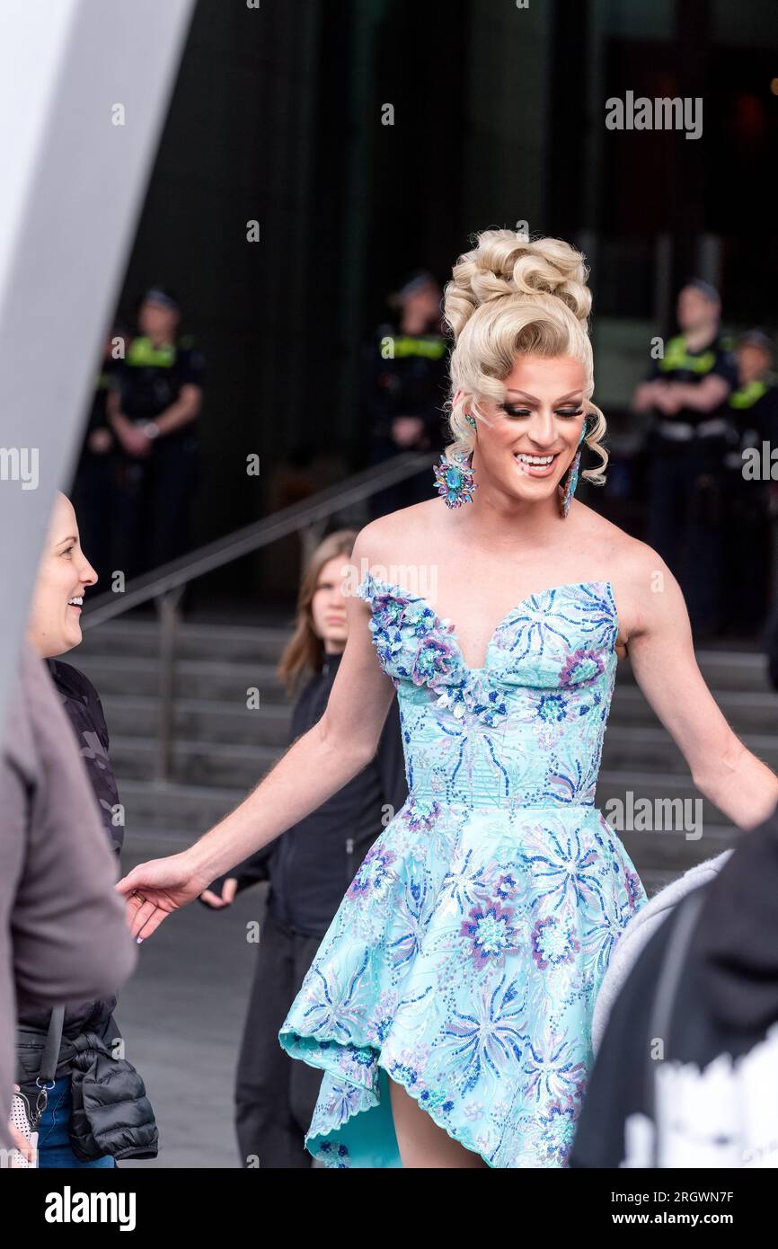 Melbourne, Australia, 12 August, 2023. A drag queen poses for photos