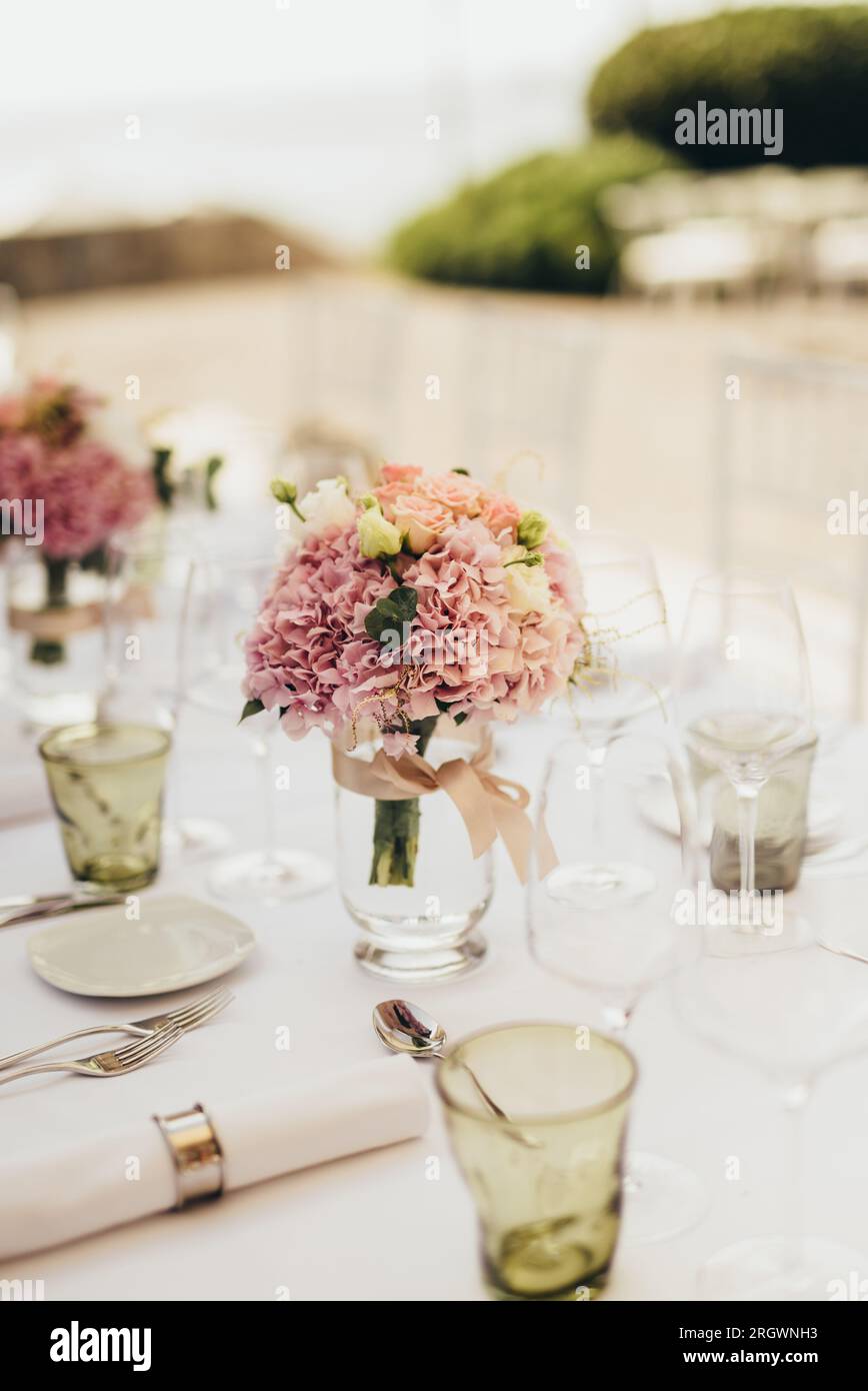 Wedding table decoration with flowers Stock Photo