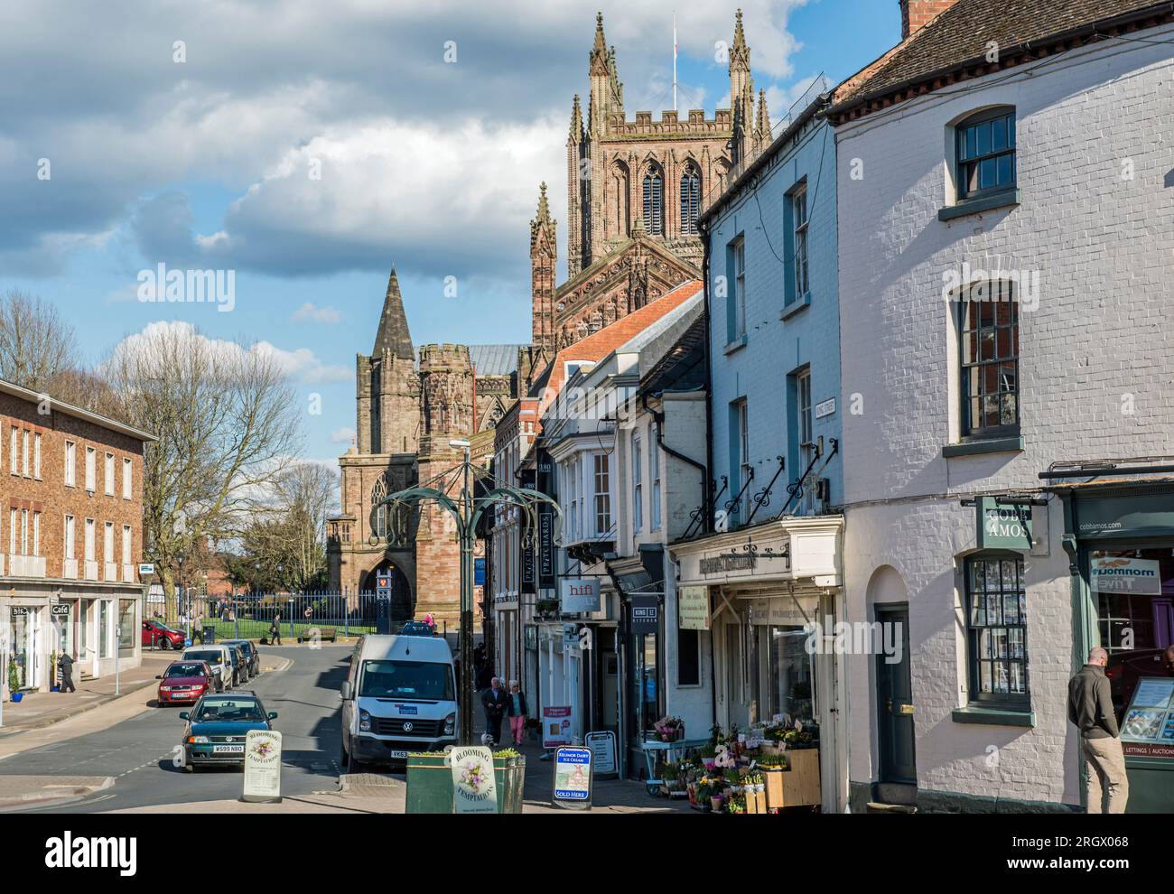 Hereford in Herefordshire, a beautiful town in an amazing county with King Street infront and the enormous Hereford Cathedral to the right side Stock Photo