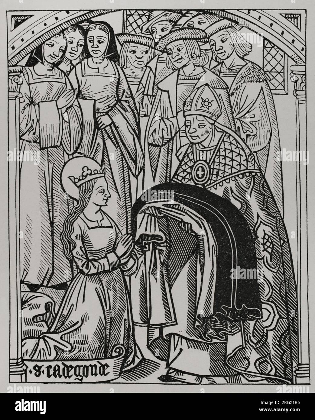Saint Radegund (ca. 520-587). Princess of Thuringia and queen of the Franks by her marriage to Clothar I (498-561). Radegund receiving the habit and being consecrated a deaconess by Medard (456-545), bishop of Noyon, when she left her husband King Clothar in order to enter the religious life. Facsimile after an engraving from 'The History and Chronicle of Clotaire', 1513. 'Vie Militaire et Religieuse au Moyen Age et à l'Epoque de la Renaissance'. Paris, 1877. Stock Photo