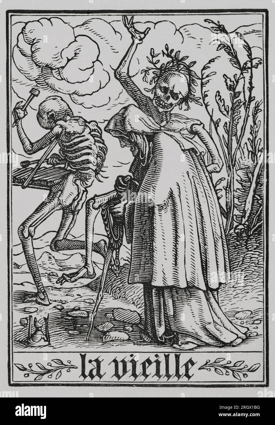 The Old Woman. Death is depicted guiding an old woman who walks with the help of a cane and holding a rosary in her hand. Another skeleton leads the way while playing a musical percussion instrument. Facsimile of an engraving belonging to the series 'The Dance of Death' by Hans Holbein the Younger, in 'Les Simulachres et Histoires facées de la Mort', 1538. 'Vie Militaire et Religieuse au Moyen Age et à l'Epoque de la Renaissance'. Paris, 1877. Stock Photo