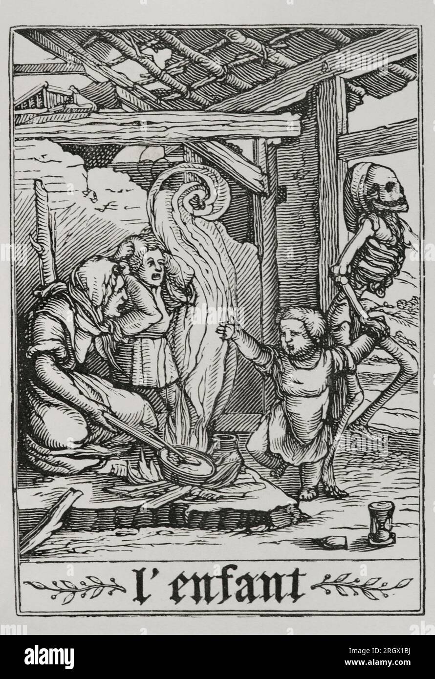 The Child. Death visits a child who is at home, with symptoms of being ill and at the moment when the family is cooking on a bonfire. Death takes the child by the hand and leads him out of the house. Facsimile of an engraving belonging to the series 'The Dance of Death' by Hans Holbein the Younger, in 'Les Simulacres de la Mort', 1538. 'Vie Militaire et Religieuse au Moyen Age et a l'Epoque de la Renaissance' . Paris, 1877. Stock Photo