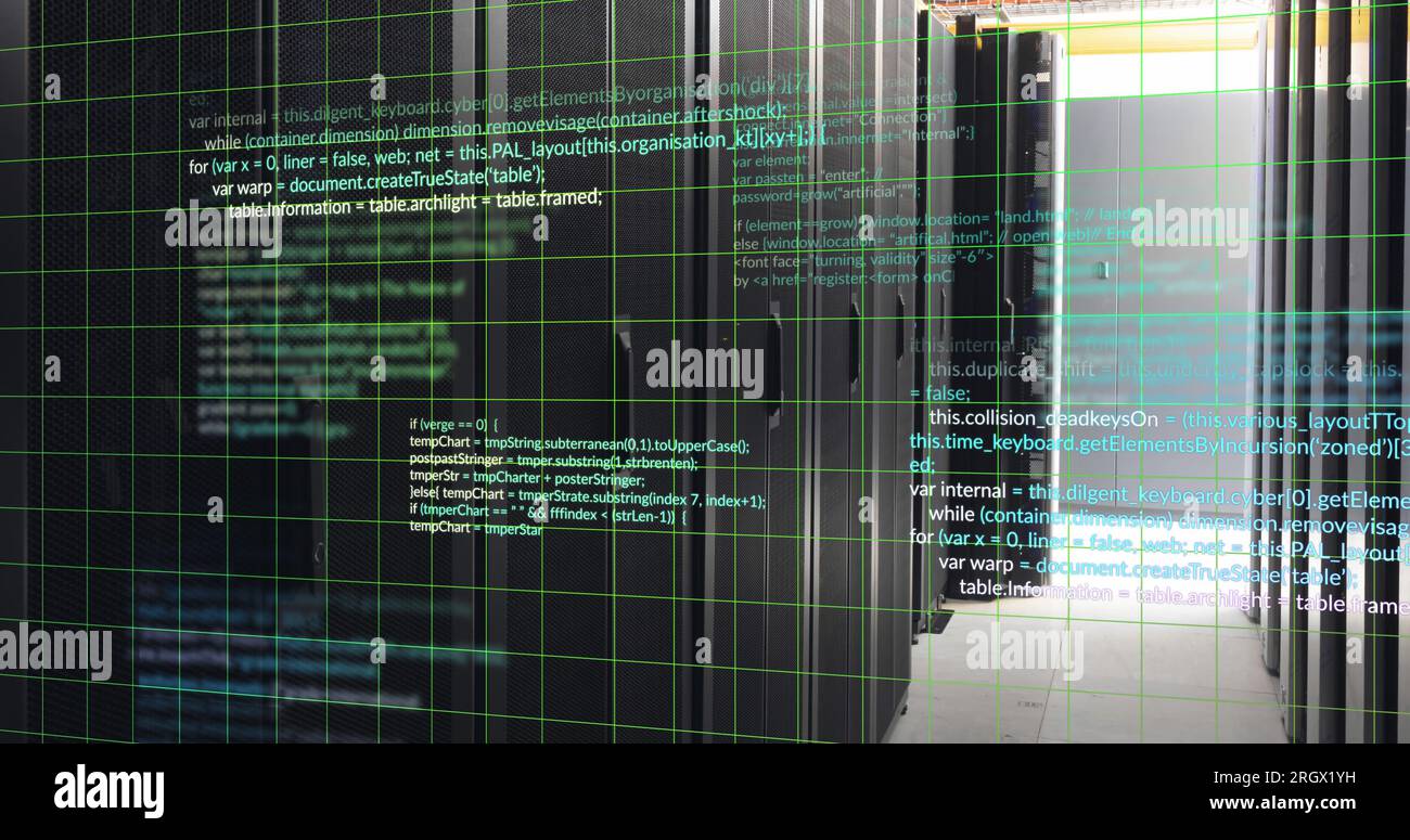 Image of grid pattern over computer language against server room in ...