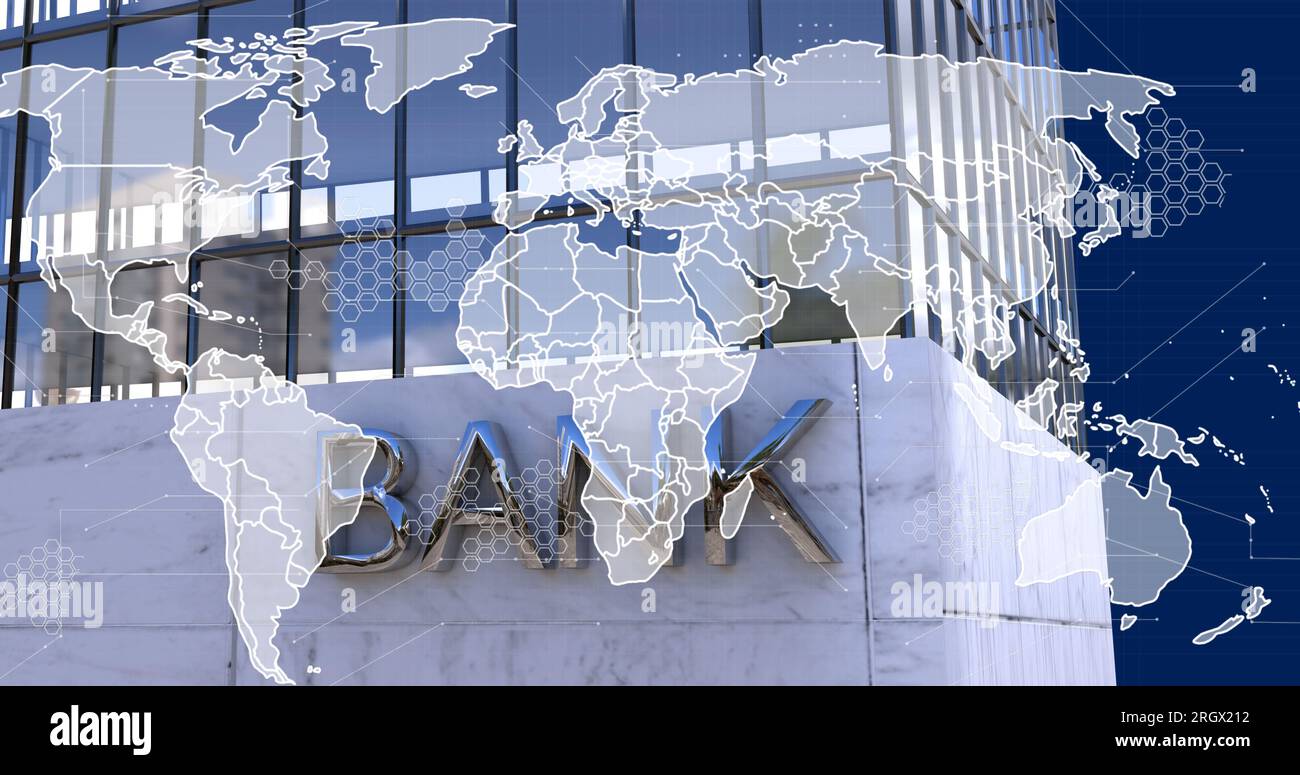 Image of data processing and world map over bank office building Stock ...