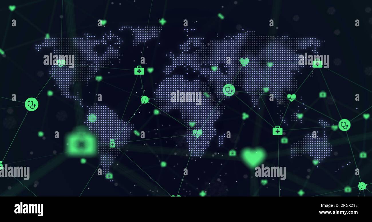 Image of network of medical icons over world map against blue ...