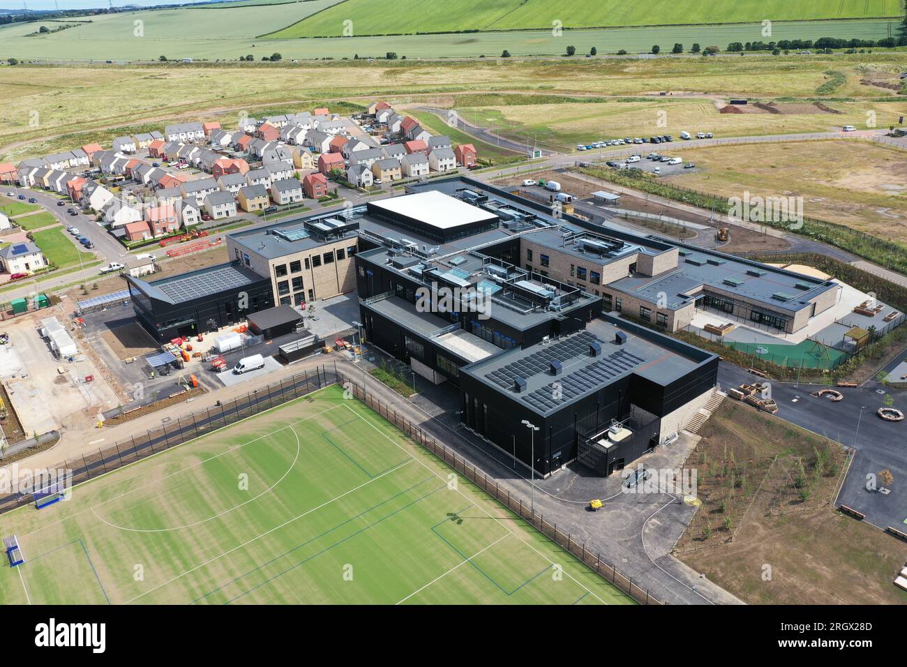 Aerial drone view of the new Rosehill High School at Wallyford East Lothian Stock Photo