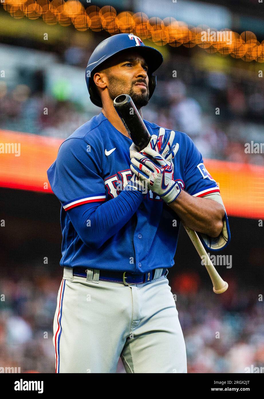 August 11 2023 San Francisco CA, U.S.A. Texas Rangers second baseman Marcus  Semien (2) walks back to the dugout after stricking out in the first inning  during MLB game between the Texas