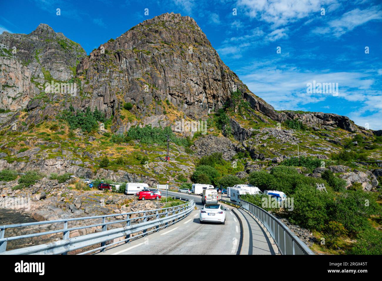 Camper vans in The Lofoten islands archipelago in Arctic Norway, the magic islands Stock Photo