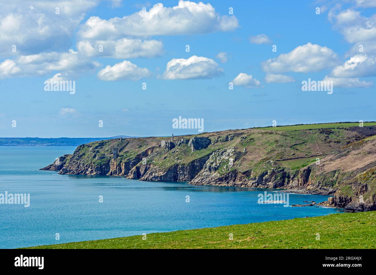 The Coastline around Trewavas Head near Porthleven, shoing the remains of old copper mines on the cliff edges, Cornwall Stock Photo