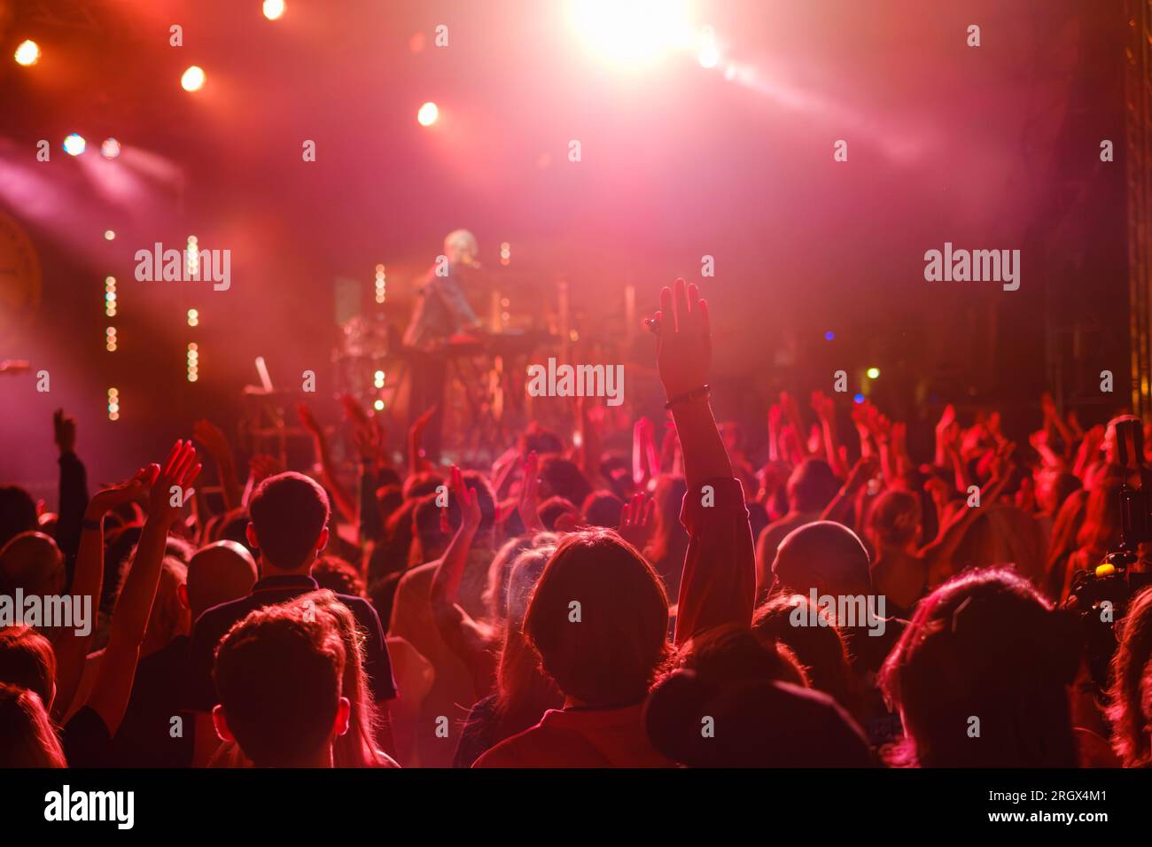 Back view of anonymous crowd with raised arms enjoying music show ...