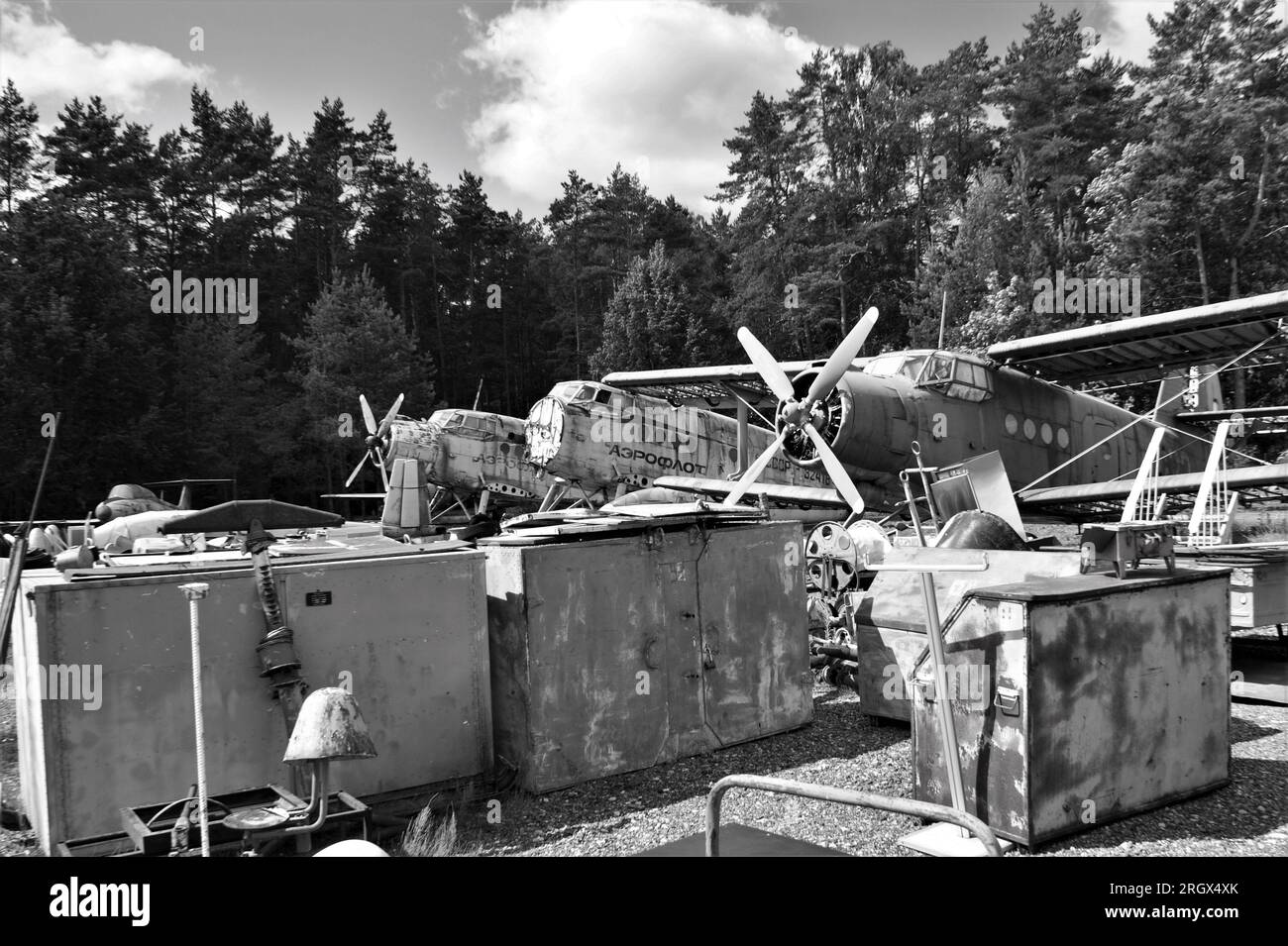 Old planes in the aviation museum. Black and white image Stock Photo
