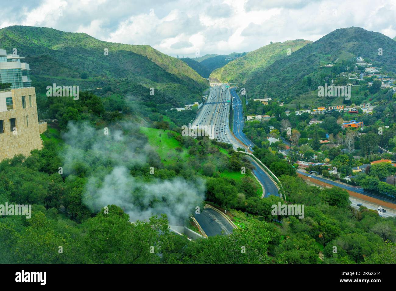 Spectacular overlook of a bustling highway as seen from the top of the ...