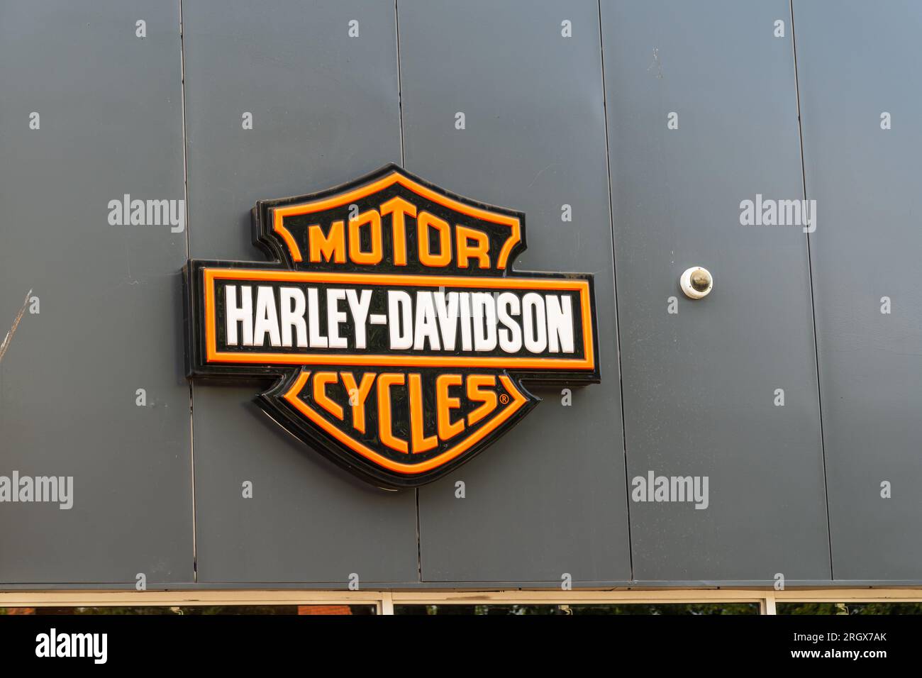 Wolverhampton, UK - August 11 2023:  Harley Davidson Logo and Signage at a dealership in Wolverhampton, UK Stock Photo