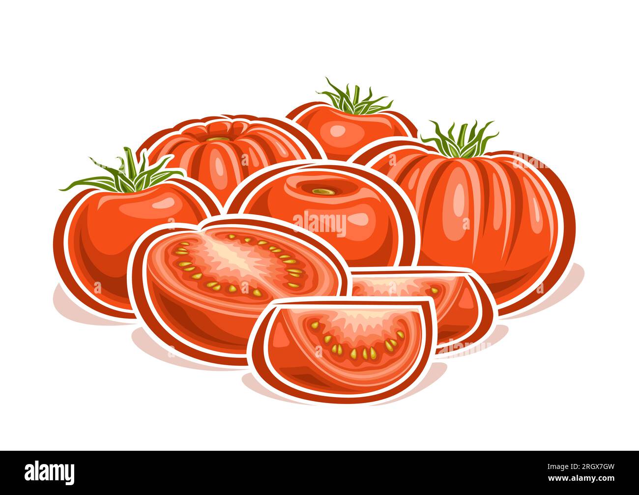 Vector logo for Tomatoes, horizontal decorative poster with outline illustration of tomato composition with green leaves, cartoon design vegetable pri Stock Vector