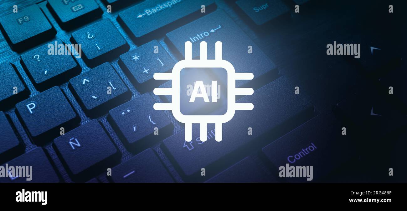 Banner photo of computer keyboard close up with AI chip virtual interface. Chat concept AI. Artificial Intelligence. Futuristic technology. Stock Photo