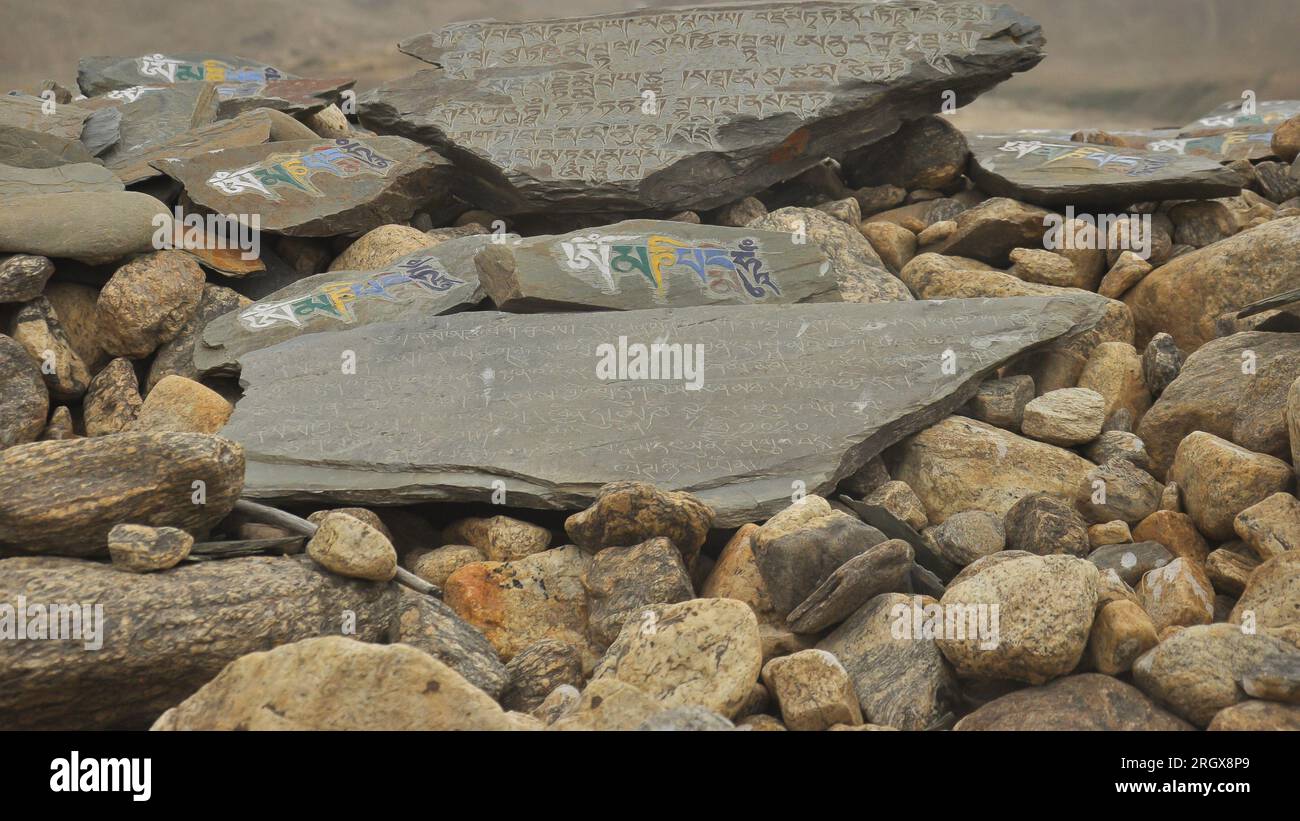 Stones inscribed with Buddhist mantra Om Mani Padme Hum in Ladakh, INDIA Stock Photo