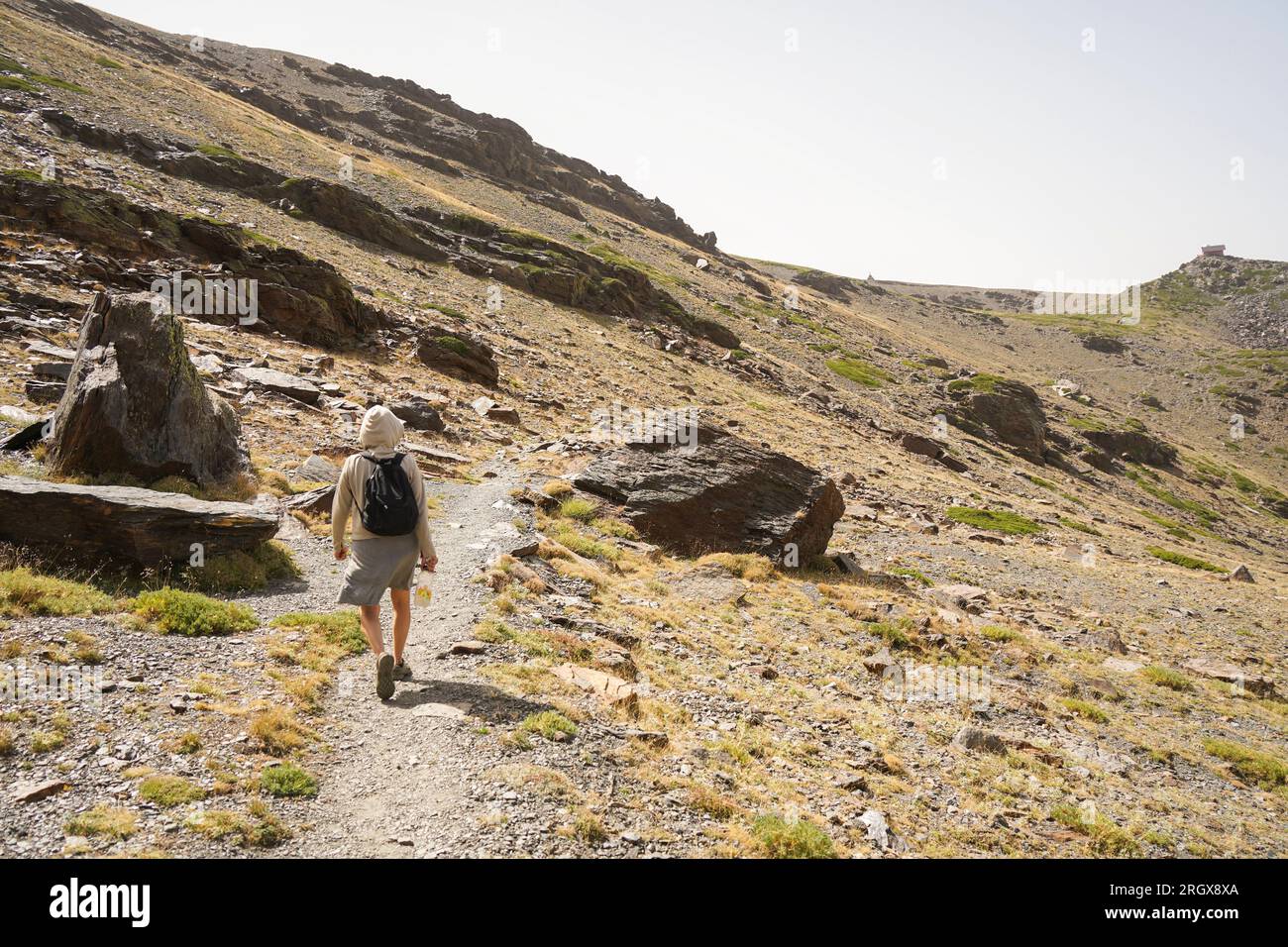 Female hiker walking alone in mountains, Sierra Nevada, in summer season. Granada, Andalusia, Spain. Stock Photo