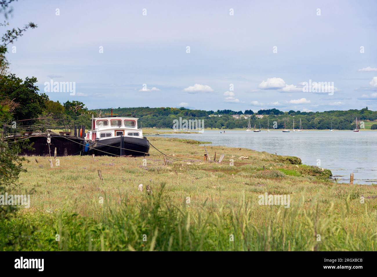 Houseboat near the picturesque village of Pin Mill on the tidal River Orwell during summer - Suffolk, East Anglia, England Stock Photo