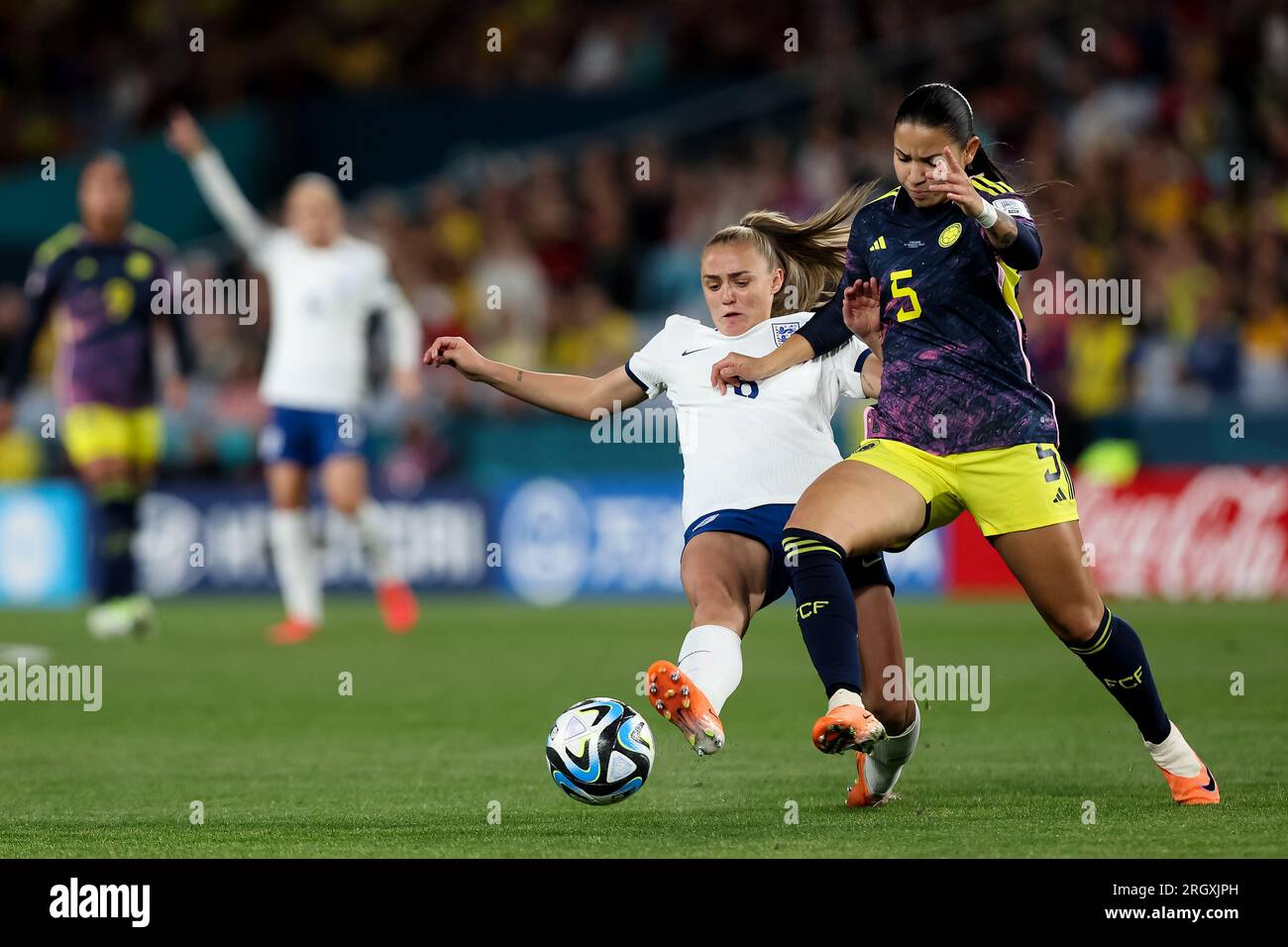 Sydney, Australia, 12 August, 2023. Georgia Stanway of England and Lorena Bedoya Durango of Colombia battle for the ball during the Women's World Cup quarter final football match between the England and Colombia at Stadium Australia on August 12, 2023 in Sydney, Australia. Credit: Damian Briggs/Speed Media/Alamy Live News Stock Photo